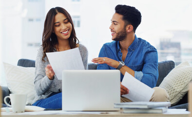 Documents, insurance and laptop with couple on sofa in living room of home for bank payment....