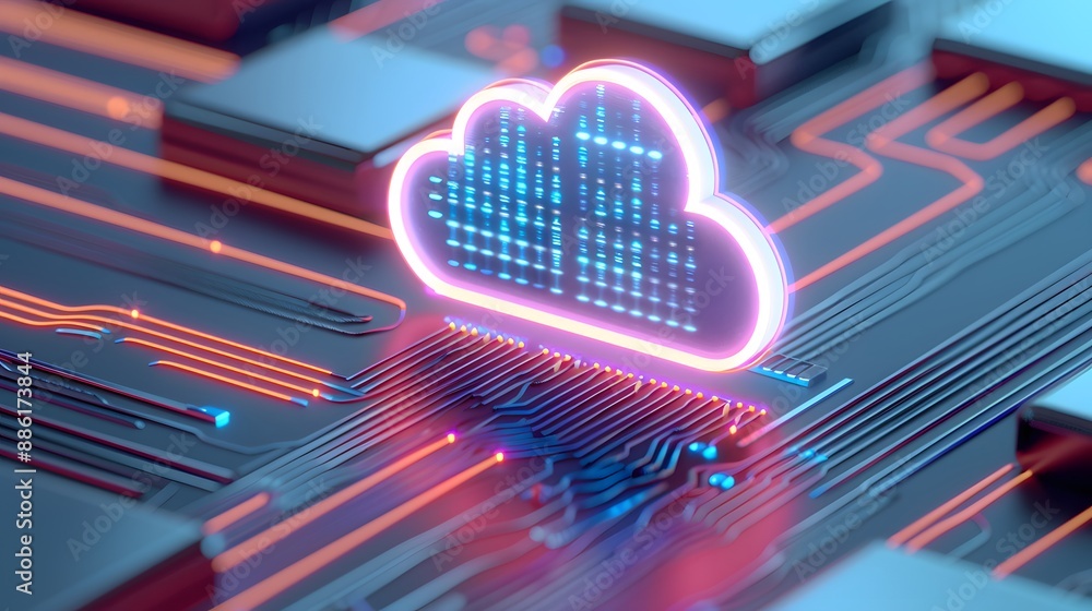 Poster digital cloud symbol on a futuristic circuit board, representing cloud computing technology and data