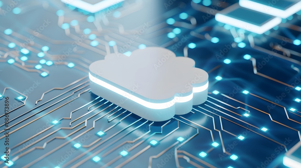 Poster digital cloud symbol on a microchip circuit board representing cloud computing technology and data s