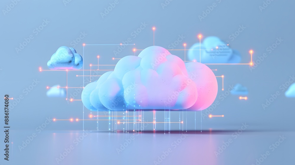 Poster digital cloud technology concept with abstract cloud shapes and data connections, representing moder