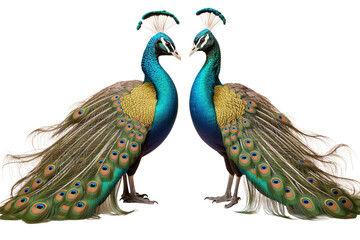 Obraz premium A Regal Dance of Two Peacocks in a Moment of Quiet Elegance on a White or Clear Surface PNG Transparent Background.