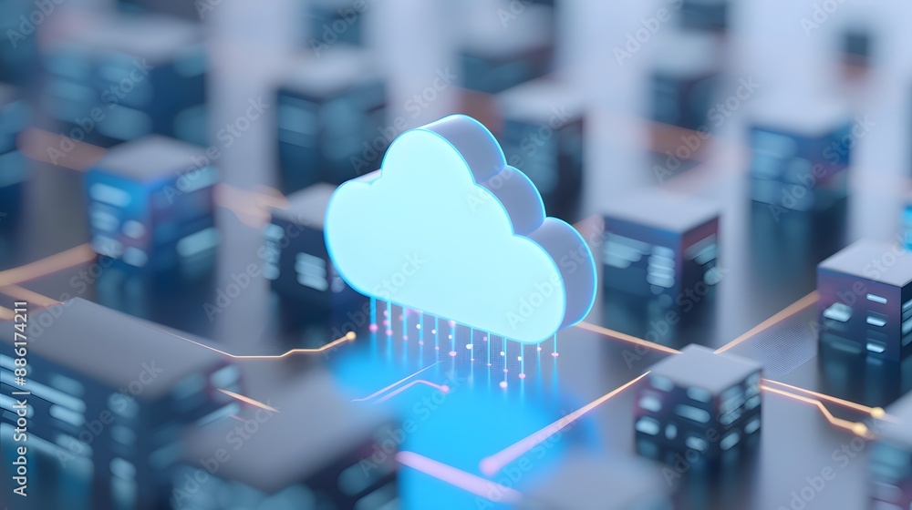 Poster digital cloud technology connecting the network in a modern data center. concept of cloud computing 