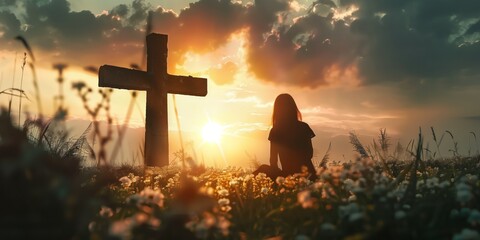 Serene sunset scene with solitary figure sitting on grassy field facing away from camera. Large white cross stands tall in background against warm orange and pink sky. Peaceful moment captured.