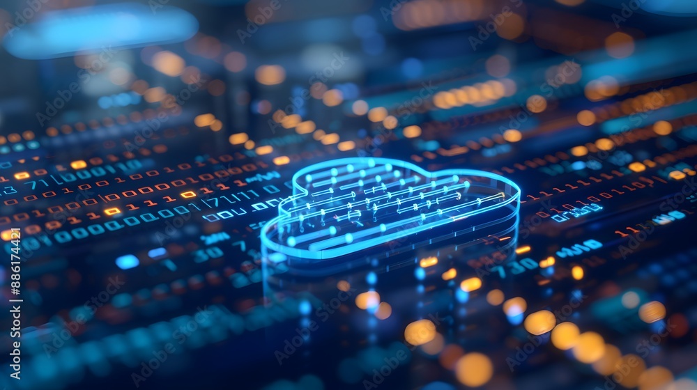 Poster digital cloud technology symbol on a circuit board representing cloud computing and online data stor