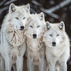 Obraz premium Three beautiful white wolfs looking directly into the camera