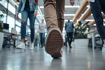 Leader guiding a group through a modern office, symbolizing guidance