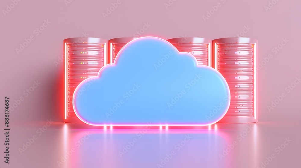 Poster digital illustration of a neon cloud with servers symbolizing cloud computing and data storage on a 