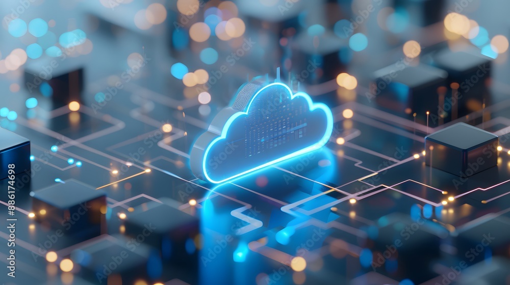 Poster digital illustration of a glowing cloud symbol on a microchip circuit board representing cloud compu