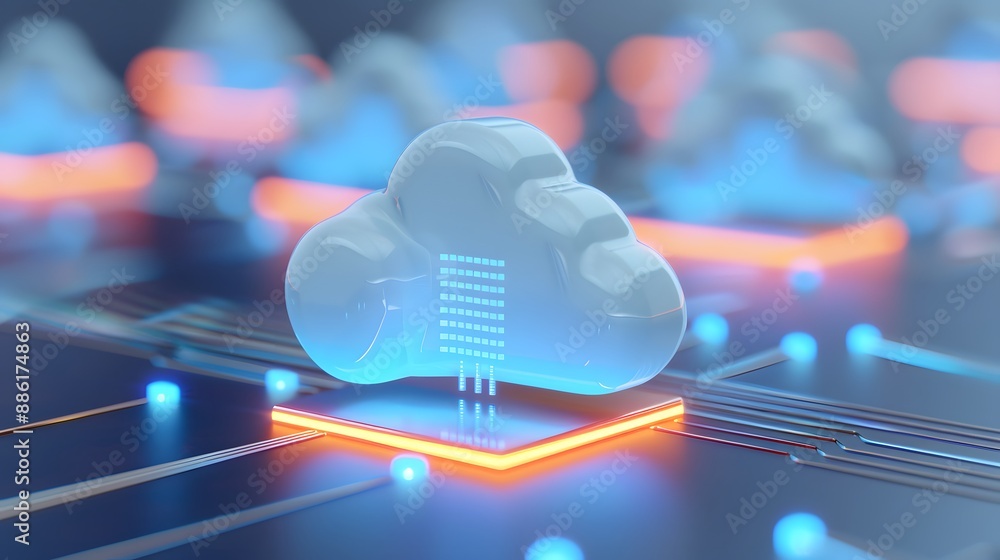 Poster digital illustration of cloud computing technology with a focus on virtual data storage and internet