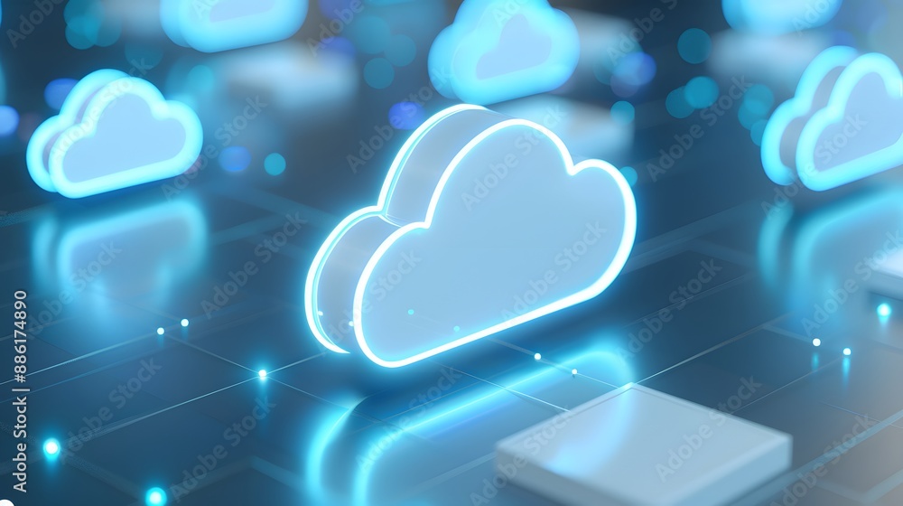 Poster digital illustration of glowing cloud icons representing cloud computing technology on a futuristic 