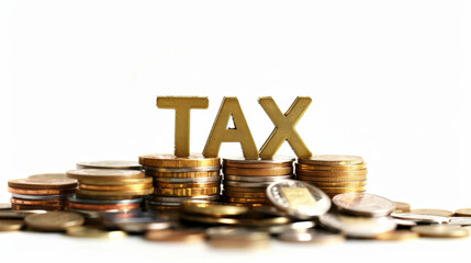 Gold tax letter is on the gold coin Business tax Income Corporate tax planning Small business tax advisor Tax refund mockup white background