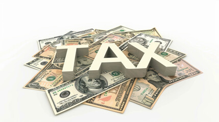 The word TAX in 3D wood texture on a pile of U.S. dollar banknotes isolated white background