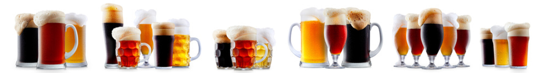 Set of beer cocktails with foam isolated on white background