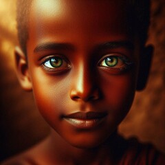A young boy of African descent with mesmerizing green eyes.