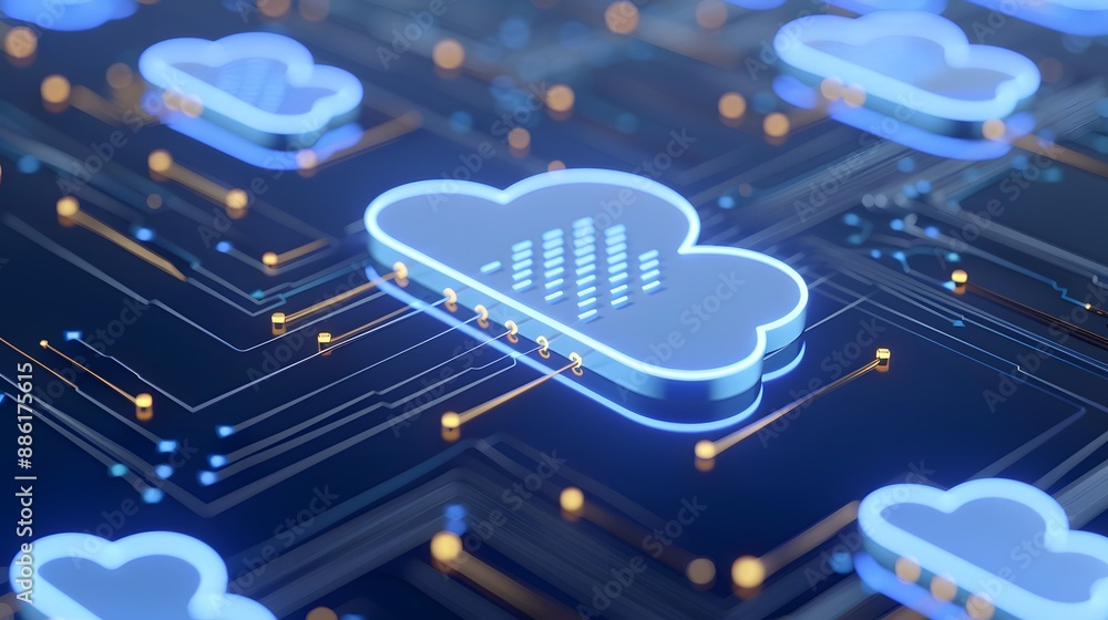 Poster futuristic 3d cloud computing concept with circuit board connections and glowing technology elements