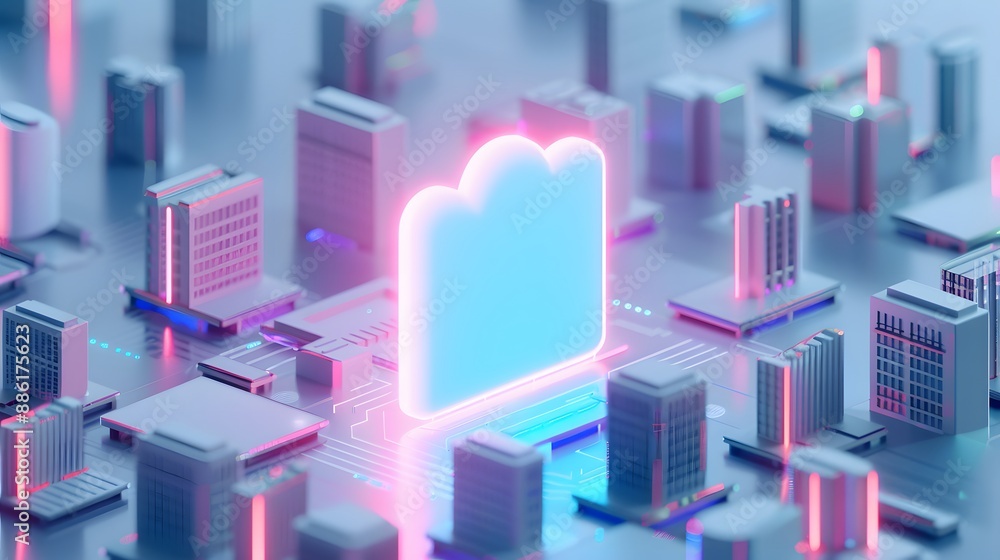 Poster futuristic 3d cloud computing concept in a cityscape, representing digital data storage, connectivit