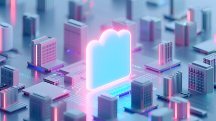 Fototapeta premium Futuristic 3D cloud computing concept in a cityscape, representing digital data storage, connectivity, and advanced technology solutions. 3D Illustration.