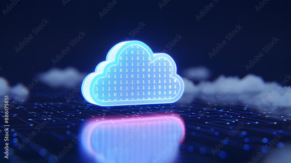 Poster futuristic 3d glowing cloud hovering over digital surface, representing cloud computing and data sto