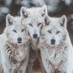 Obraz premium Three beautiful white wolfs looking directly into the camera