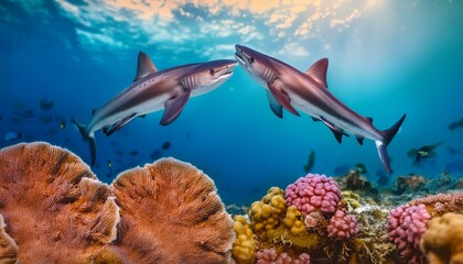 Obraz premium Ocean Ballet: Playful Sharks Dancing Amidst Vibrant Coral