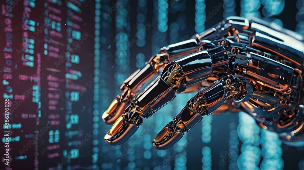 Poster ai robot hand pressing on virtual digital screen big data screen