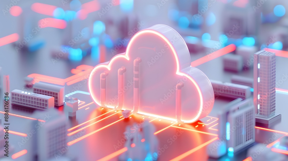 Poster futuristic 3d illustration of cloud computing technology and digital data storage concept with glowi