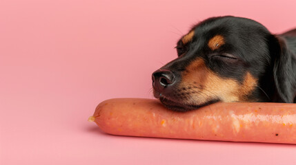 Creative food animal template. A funny dog puppy with long grilled sausage in pastel background. copy text space