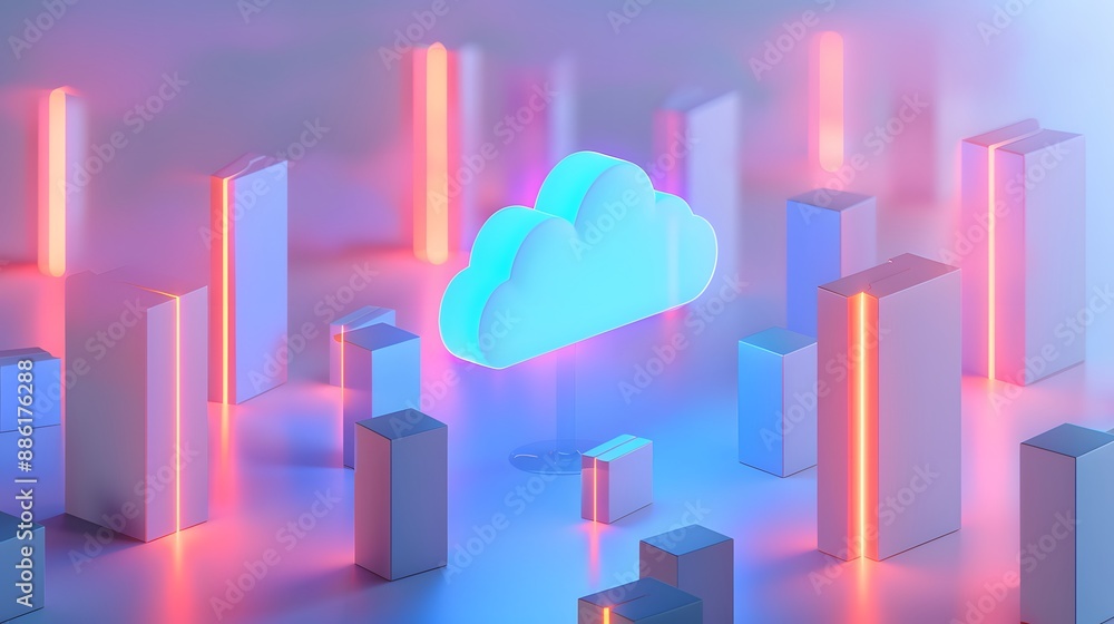Canvas Prints futuristic 3d illustration of cloud computing technology with neon lights and abstract shapes, repre