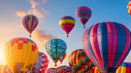 Obraz premium Collection of colorful hot air balloons arranged for a festival, dawn sunlight, festive and uplifting mood, intricate balloon designs and colors, adventurous and celebratory,
