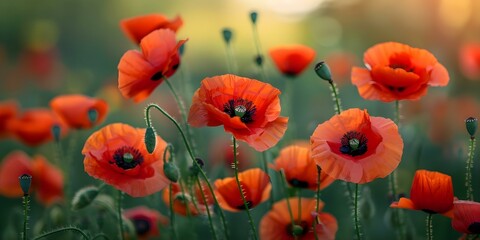 Obraz premium Blooming red poppies in a beautiful field with soft natural light. Concept Flower Photography, Nature Photoshoot, Poppy Field, Soft Lighting, Vibrant Colors