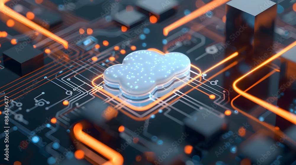Poster futuristic circuit board featuring a cloud icon, symbolizing cloud computing, technology, and data p