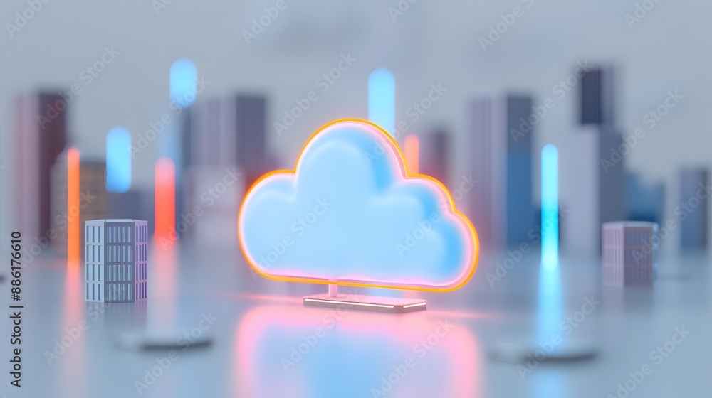 Poster futuristic city skyline with glowing cloud icon representing cloud computing and data storage techno