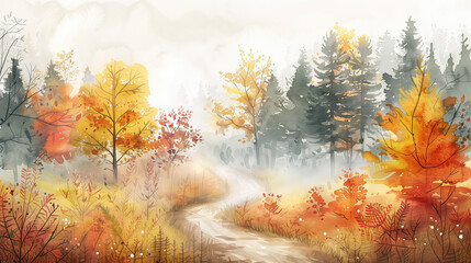 Misty Fall Forest Watercolor Painting with Path and Vibrant Trees