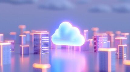 Futuristic cityscape featuring a glowing cloud, symbolizing data storage and cloud computing in a modern urban environment. 3D Illustration.