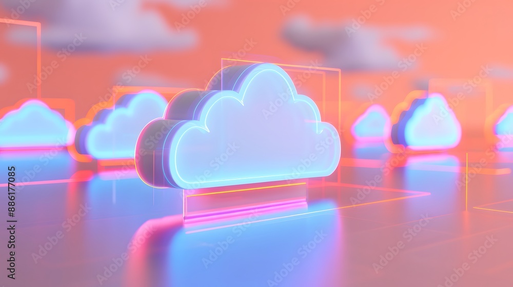Poster futuristic cloud computing and data storage concept with glowing neon clouds against a vibrant backg