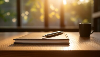 Obraz premium Calm Reflections: Pen and Journal on Wooden Table, Signifying Ideas and Focus