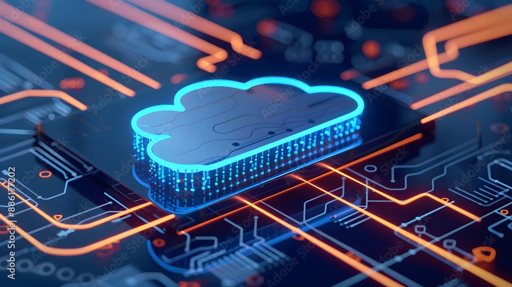 Poster futuristic cloud computing and digital data storage concept with glowing cloud symbol on an advanced