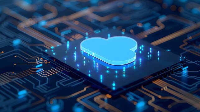 Futuristic cloud computing chip with glowing blue light on circuit board, representing modern technology and data processing. 3D Illustration.