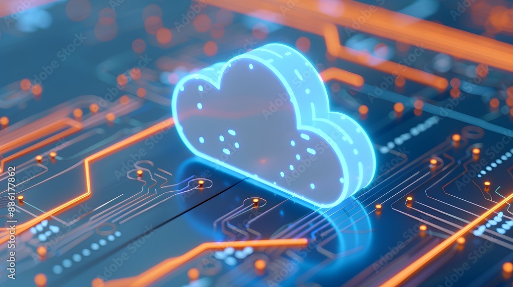 Poster futuristic cloud computing concept with a glowing cloud icon on a circuit board, representing digita