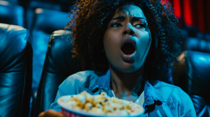Surprised African American woman with popcorn in her hands watches movie while sitting in dark cinema. A young woman got scared while watching a movie indoors. Concept of relaxation, entertainment.