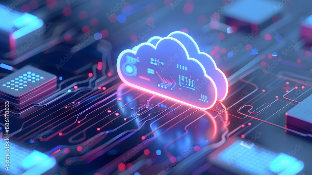 Poster futuristic cloud computing concept with data storage connectivity over digital circuits, emphasizing