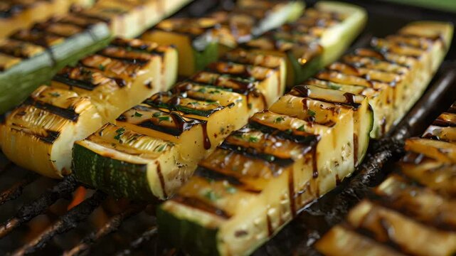 Grilled squash and zucchini drizzled with a rich balsamic glaze that adds depth and complexity to their tender yet hearty flavors.