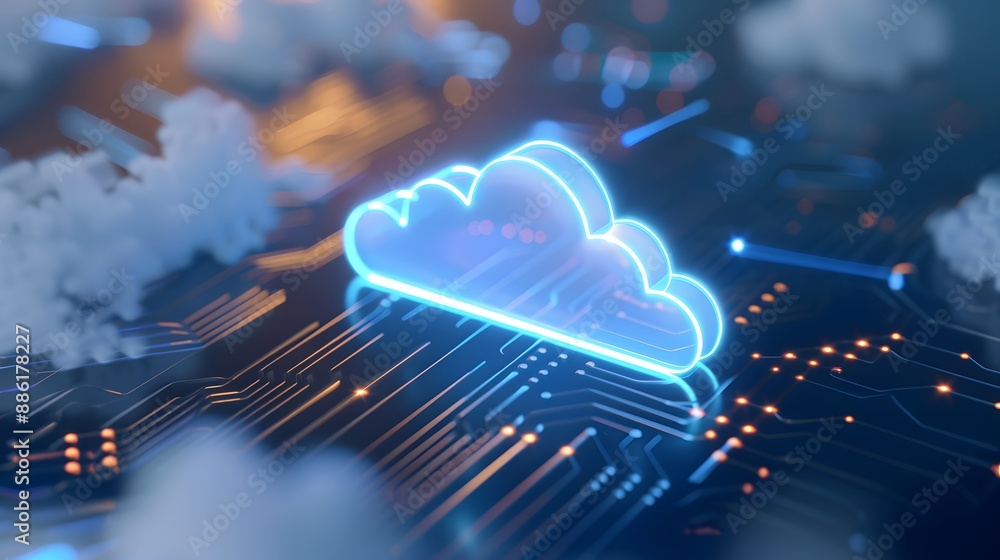 Aufkleber futuristic cloud computing concept with digital cloud icon on a circuit board, representing data sto