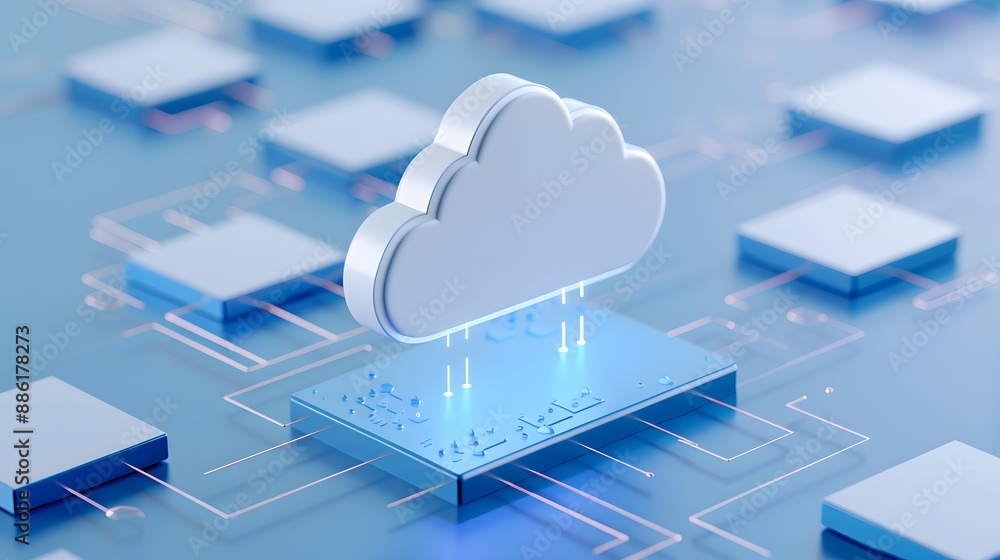 Poster futuristic cloud computing concept with digital connections, representing data storage, network, and