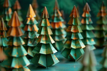 Christmas trees formed by green and gold origami standing in forest