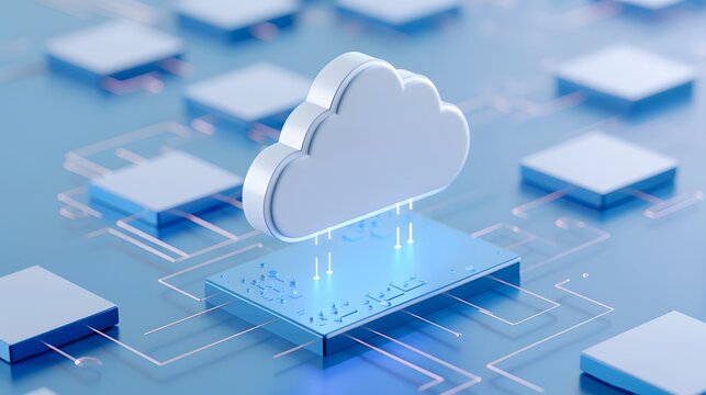 Futuristic cloud computing concept with digital connections, representing data storage, network, and technology solutions. 3D Illustration.