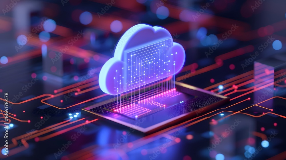 Poster futuristic cloud computing concept with digital data visualization, representing technology and netw