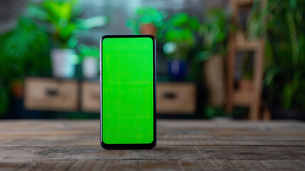 Smartphone with green screen on wooden table.