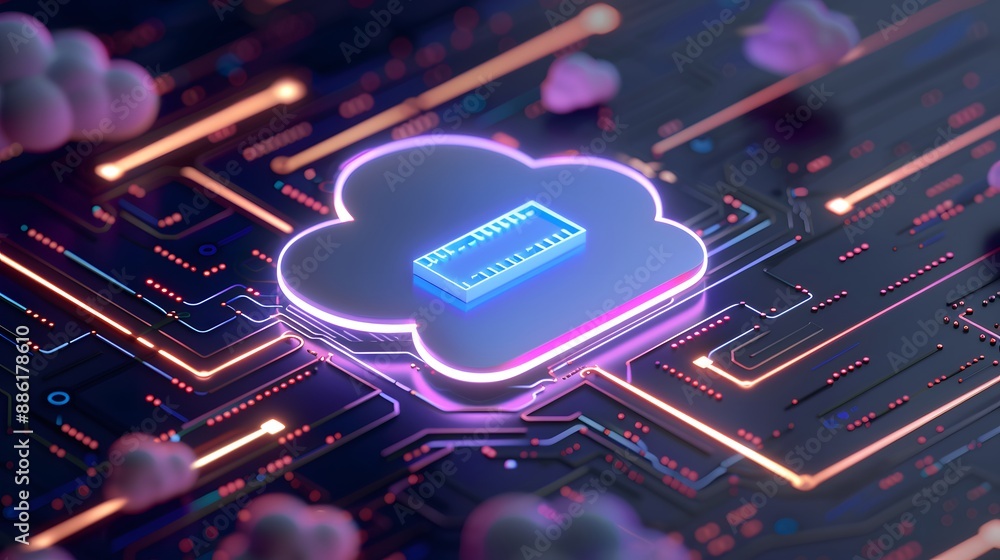 Poster futuristic cloud computing concept with glowing circuit board and digital connections, symbolizing d