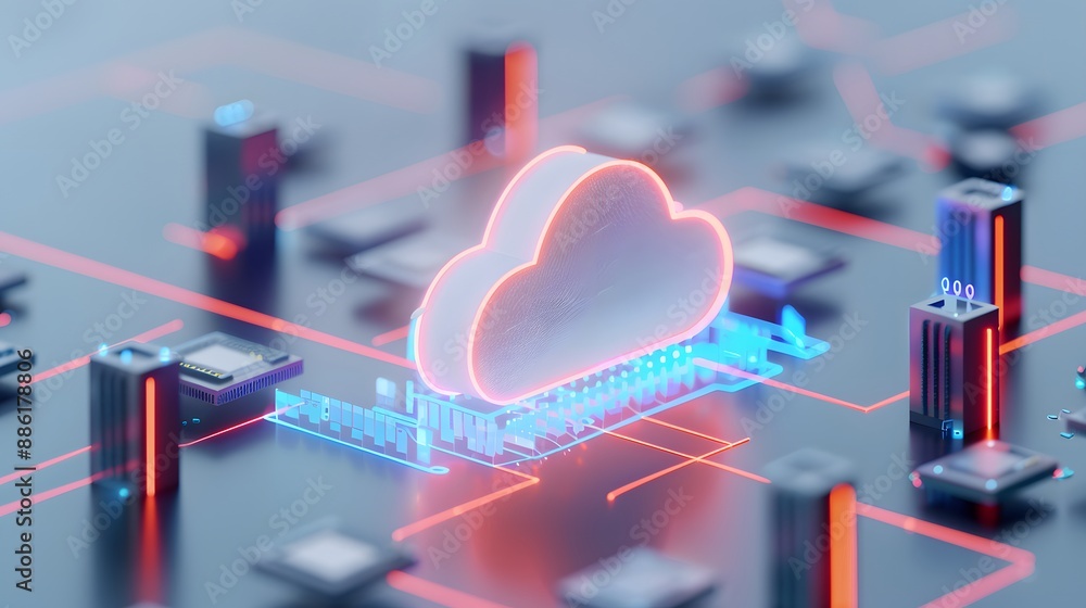 Poster futuristic cloud computing concept with glowing cloud icon on a circuit board. technology, data stor